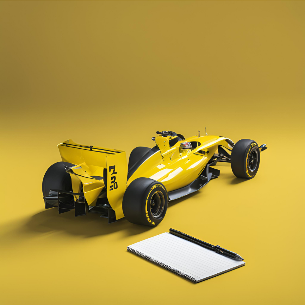 AVF digital brand colours, featuring notepad and formula 1 car - implying fast, succesful and creative SEO