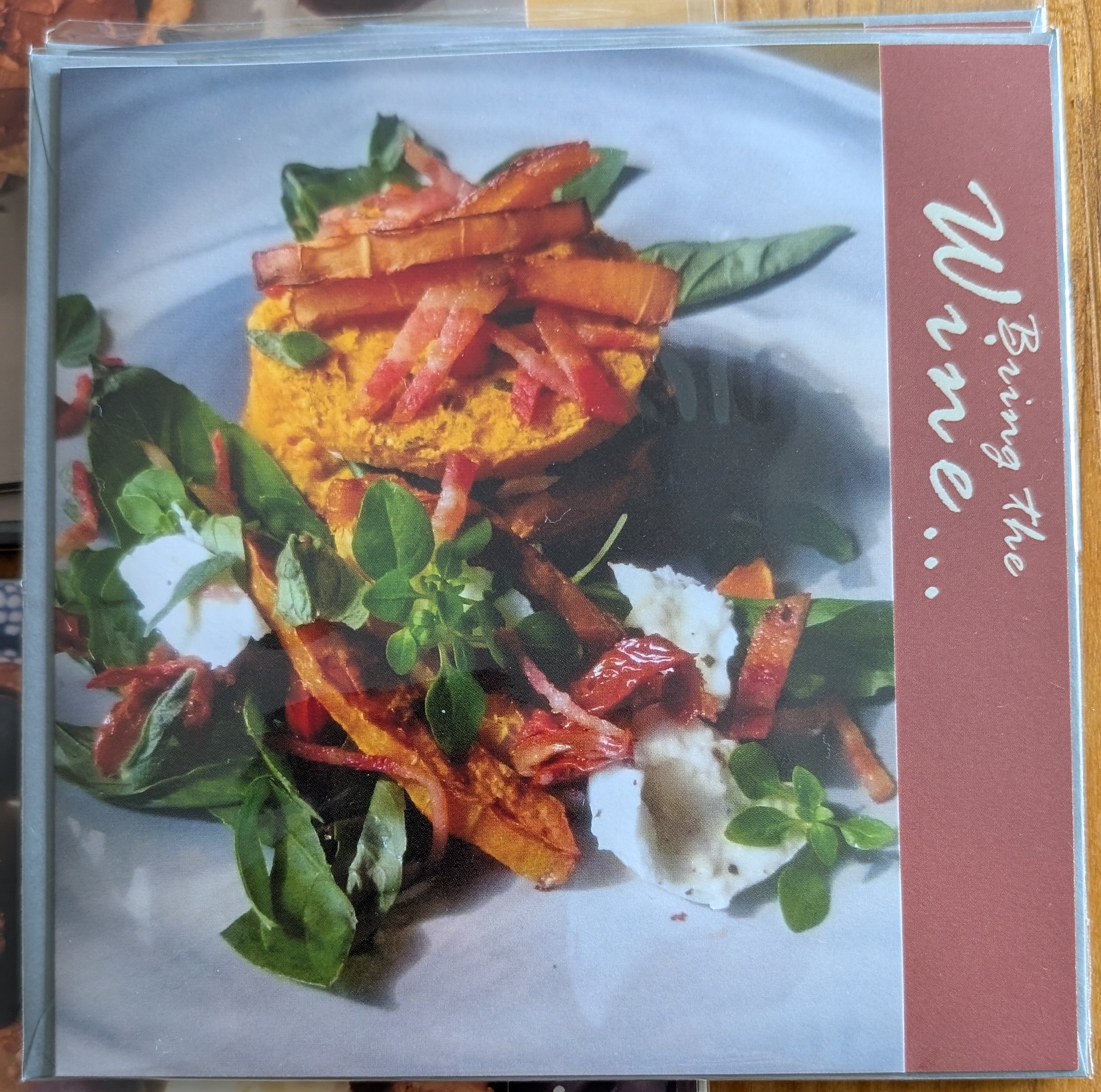 photo of celo wrapped greetings card 'bring the wine'