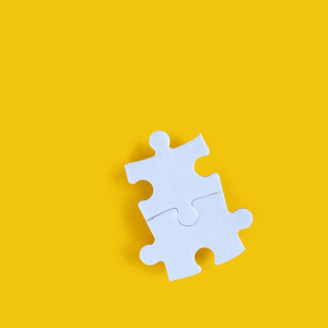 A metaphorical image on a brand colour background showing two jigsaw pieces - connecting.